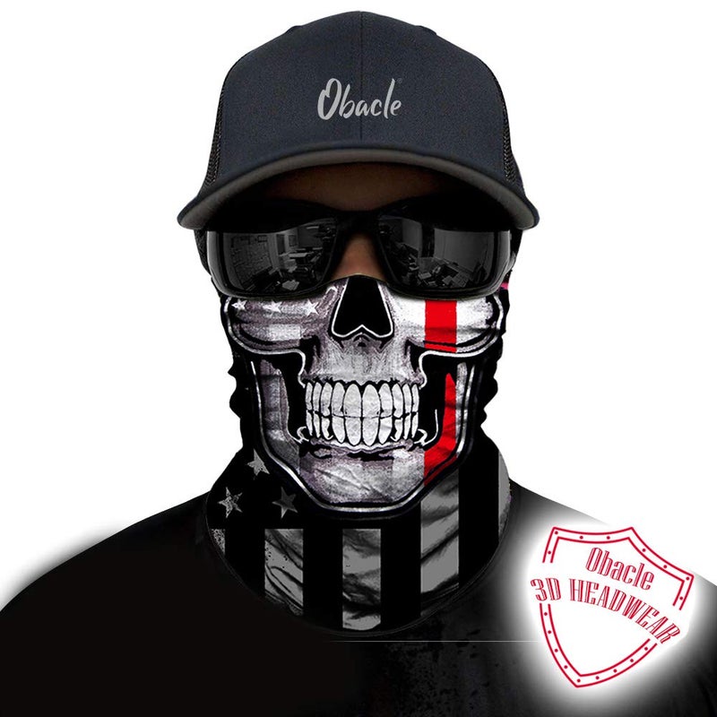 Obacle Skull Face Mask Half for Dust Wind UV Sun Protection Seamless 3D Tube Mask Bandana for Men Women Durable Thin Breathable Skeleton Mask Motorcycle Riding Bike (Flag One Red Line Flag Skull) - Image 2